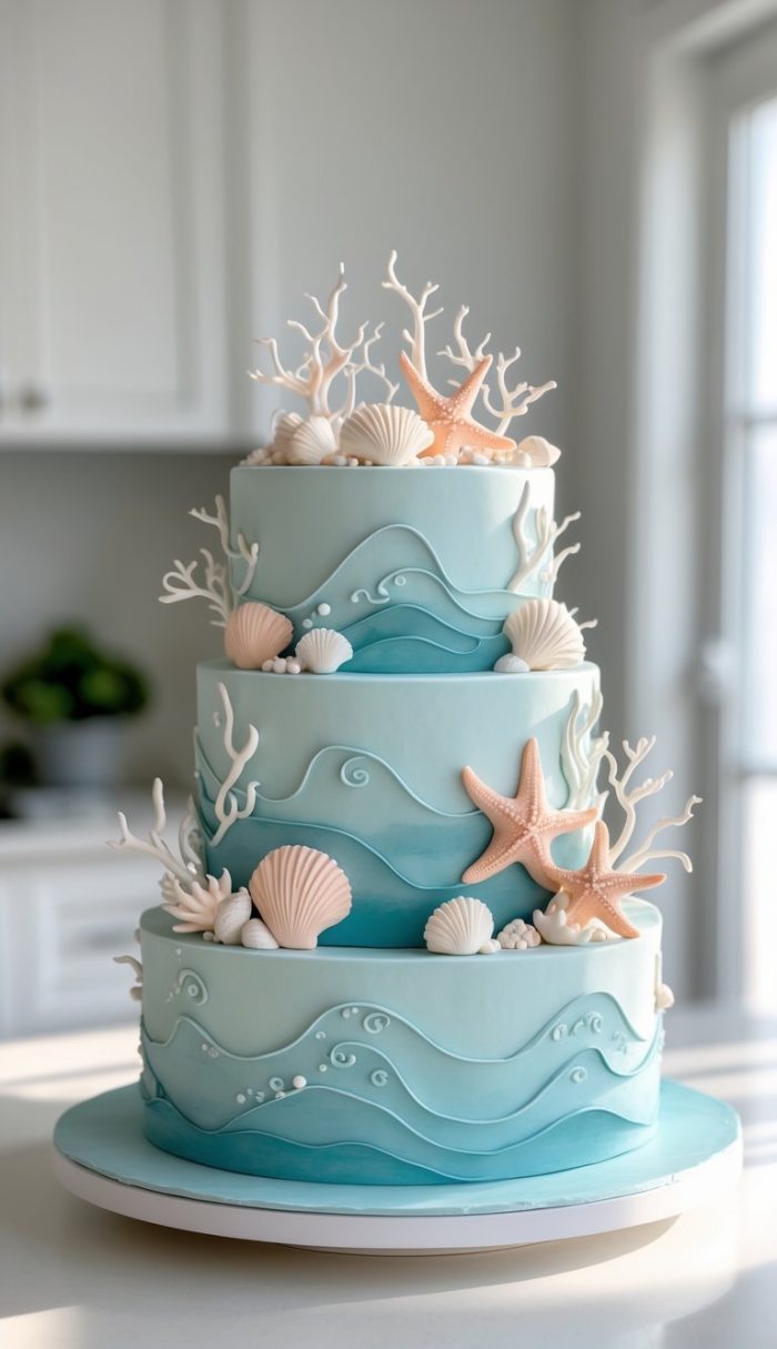 A three-tiered ocean-themed cake decorated with blue waves, white coral, seashells, and starfish made from fondant, set on a white table in a bright kitchen.