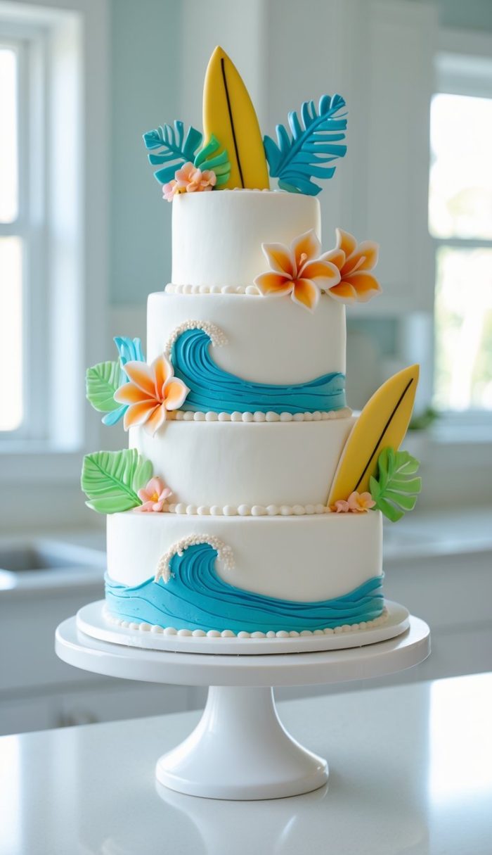 A three-tiered white cake decorated with blue icing waves, yellow surfboards, tropical flowers, and green leaves, displayed on a white cake stand in a bright kitchen.