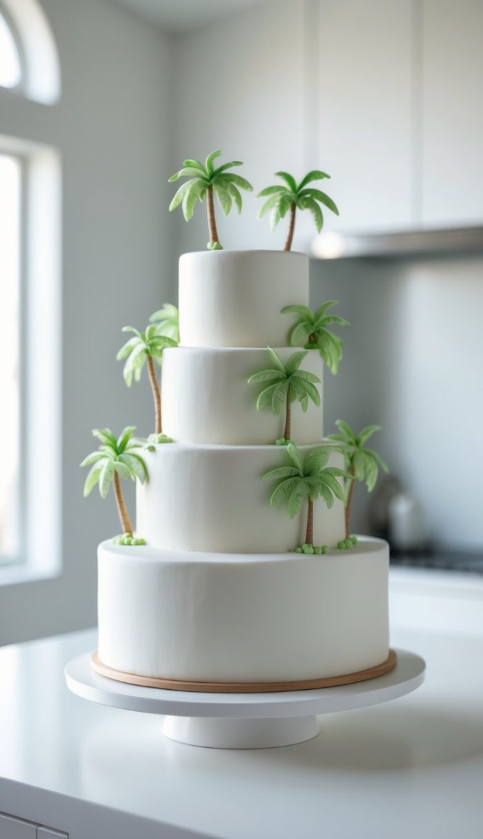 A four-tiered white cake decorated with small, realistic palm tree toppers sits on a white cake stand in a bright, modern kitchen.