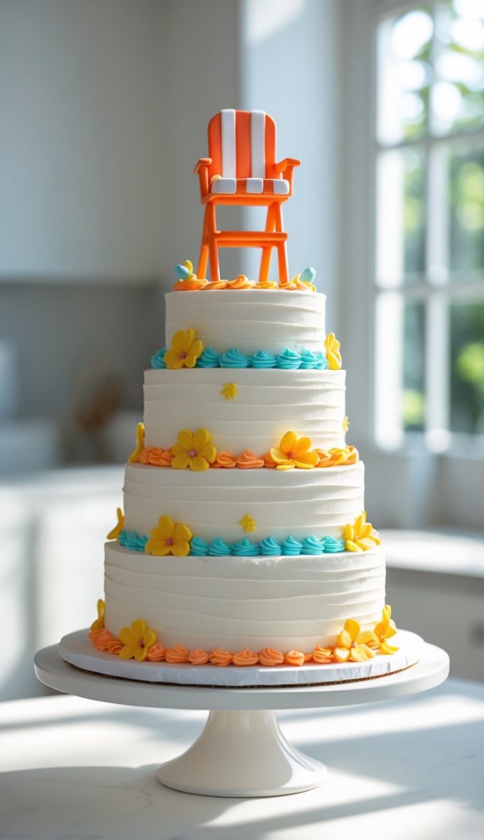 A three-tiered white cake decorated with orange, yellow, and blue icing and fondant flowers, topped with a small orange and white striped beach chair. The cake sits on a white stand in a bright room.
