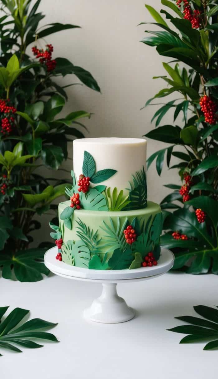 A two-tier cake decorated with green leaves and red berries made of fondant, placed on a white cake stand, surrounded by tropical plants and leaves.