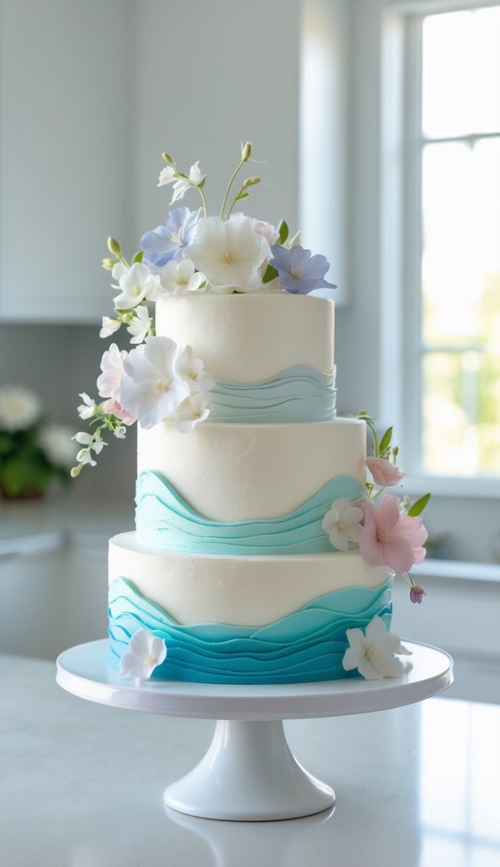 A three-tiered cake with white and blue wave-like icing, decorated with pastel pink, white, and lavender flowers, sits on a white cake stand in a bright kitchen.