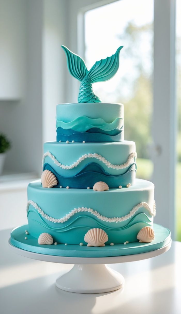 A three-tiered ocean-themed cake decorated with blue waves, white pearls, seashells, and topped with a mermaid tail, displayed on a white cake stand in a bright room.