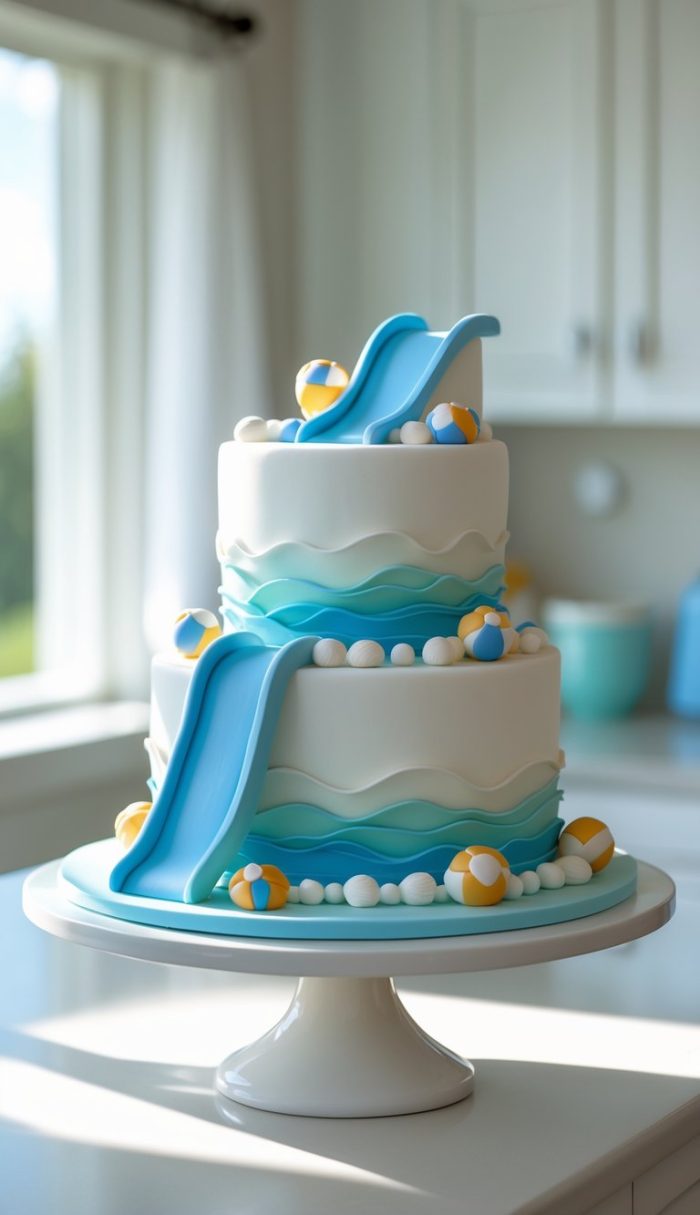 A cake with a slide and balls.