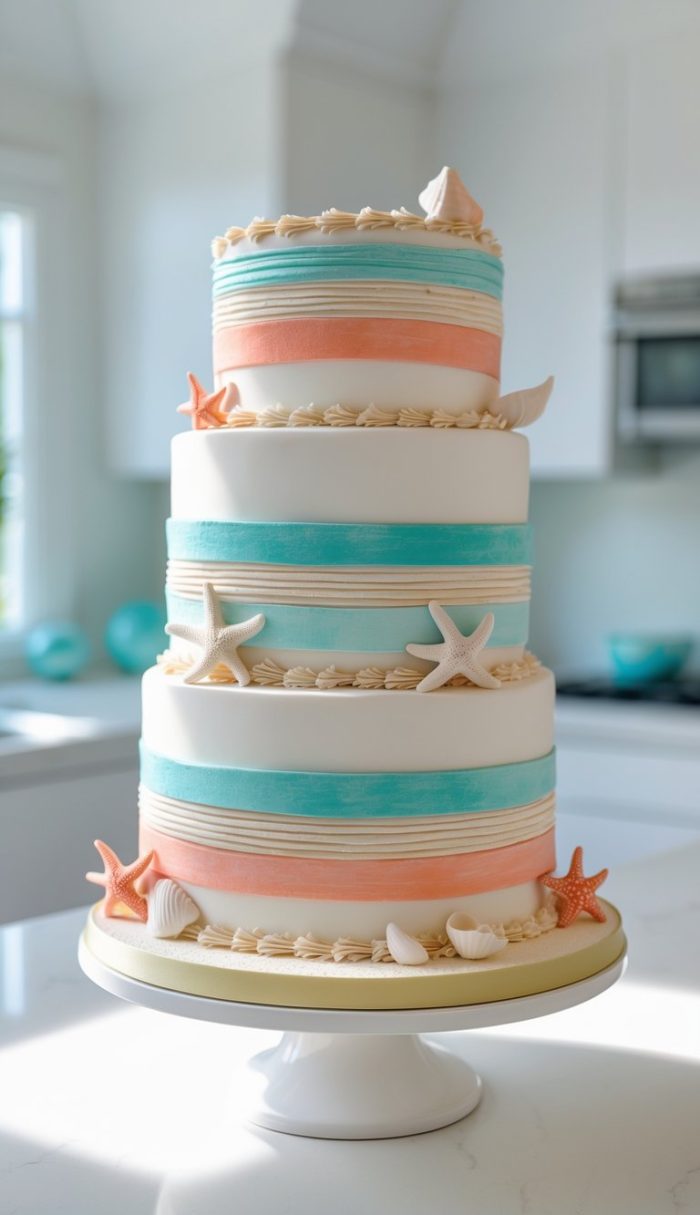 A three-tiered cake with peach and turquoise stripes, decorated with white and orange starfish and seashells, sits on a white stand in a bright kitchen.