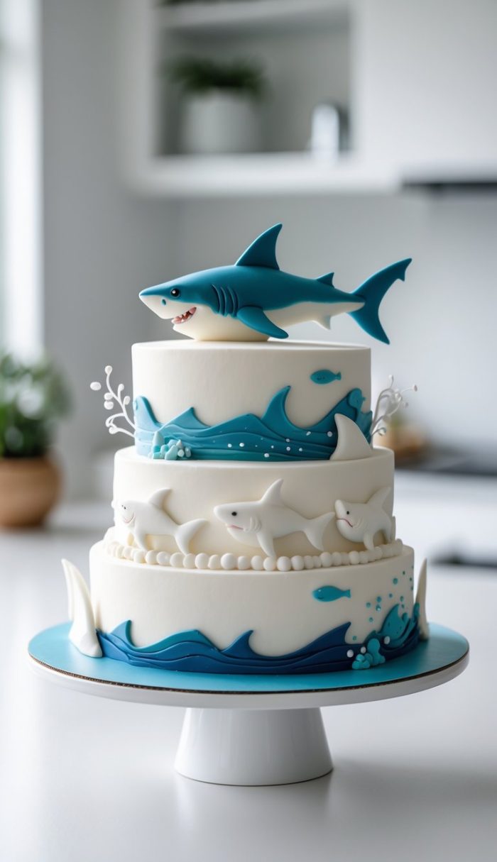 A shark-themed multi-tier cake on a cake stand in a bright home kitchen, showing detailed decorations and smooth frosting.