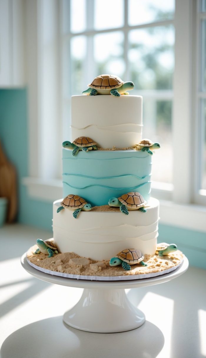 A three-tiered cake with blue and white icing, decorated with fondant sea turtles and edible sand, is displayed on a white cake stand in a sunlit room with large windows.