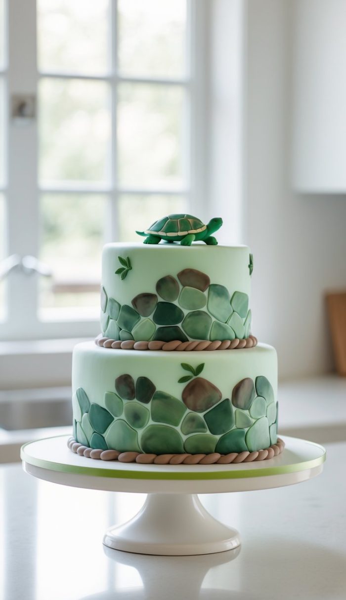 A two-tier cake decorated with green and brown fondant to look like turtle shells, topped with a small fondant turtle, displayed on a white cake stand in a bright kitchen.