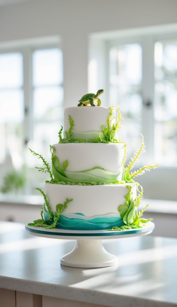 A three-tiered white cake decorated with green seaweed-like fondant and blue waves, topped with a small fondant sea turtle, displayed on a white cake stand in a sunlit kitchen.