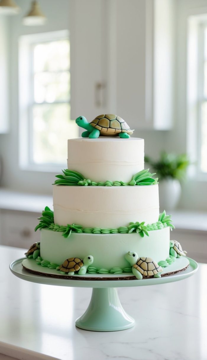 A three-tiered white and green cake decorated with fondant turtles and green leaves sits on a cake stand in a bright kitchen.