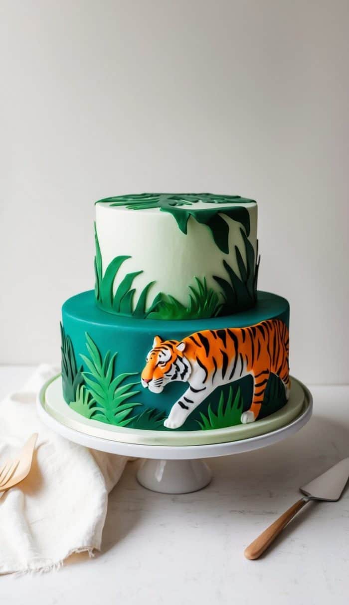 A two-tier jungle-themed cake with green fondant foliage and a detailed fondant tiger walking through grass on the lower tier, displayed on a white cake stand beside cutlery.