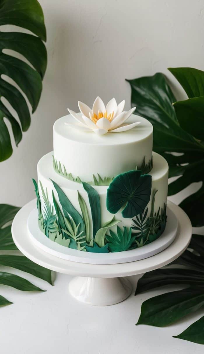 A two-tier white cake decorated with green fondant leaves and topped with a white lotus flower, displayed on a white cake stand among large green tropical leaves.