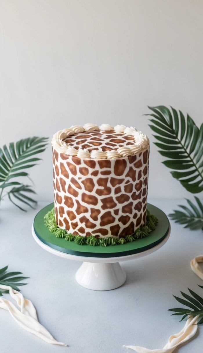 A round cake decorated with a giraffe print pattern, topped with white icing, and sitting on a green cake stand. Green icing resembling grass borders the base. Palm leaves are arranged around the cake.