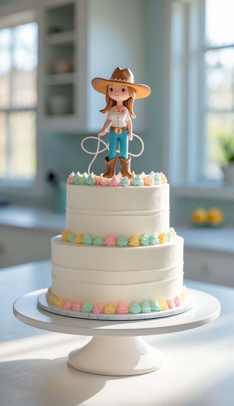 A two-tiered white cake decorated with pastel frosting swirls and topped with a cowgirl figurine in a hat and boots, standing on a white cake stand in a bright kitchen.