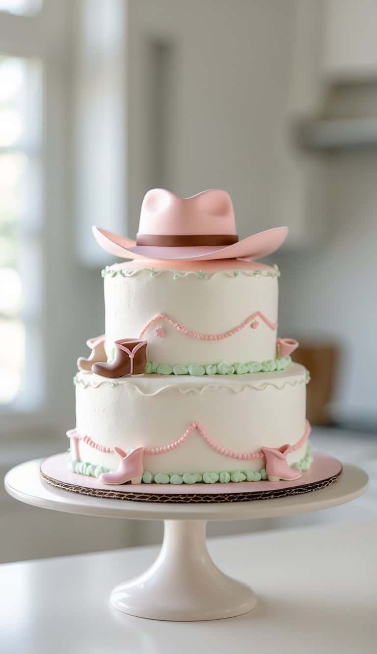 Two-tiered white cake decorated with pink and green icing, featuring pink cowboy hats as toppers and accents, sitting on a white cake stand in a bright kitchen setting.