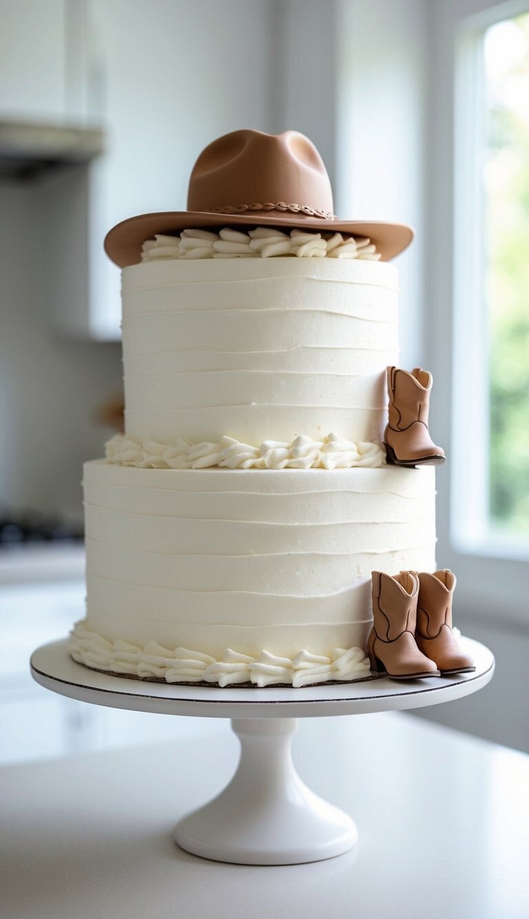 A two-tier white frosted cake decorated with a cowboy hat on top and two pairs of small cowboy boots on the side, displayed on a white cake stand in a bright kitchen.