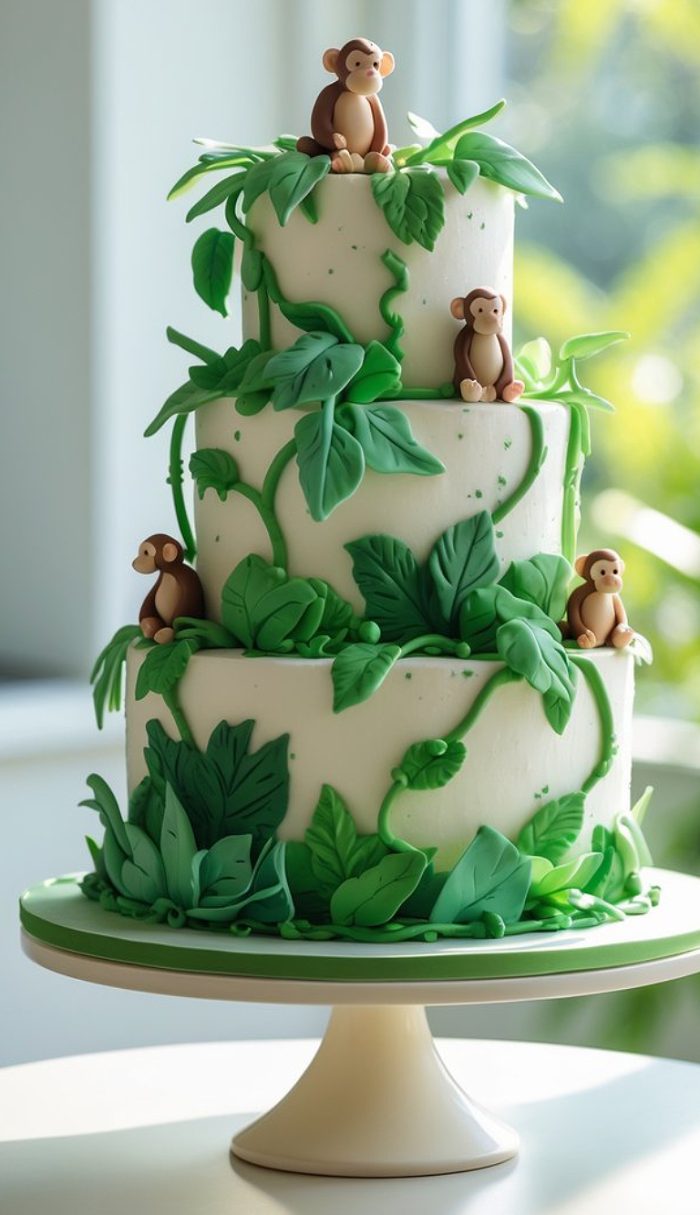 A three-tiered cake decorated with green fondant leaves and vines, topped with small fondant monkeys, sits on a white cake stand in a sunlit room.
