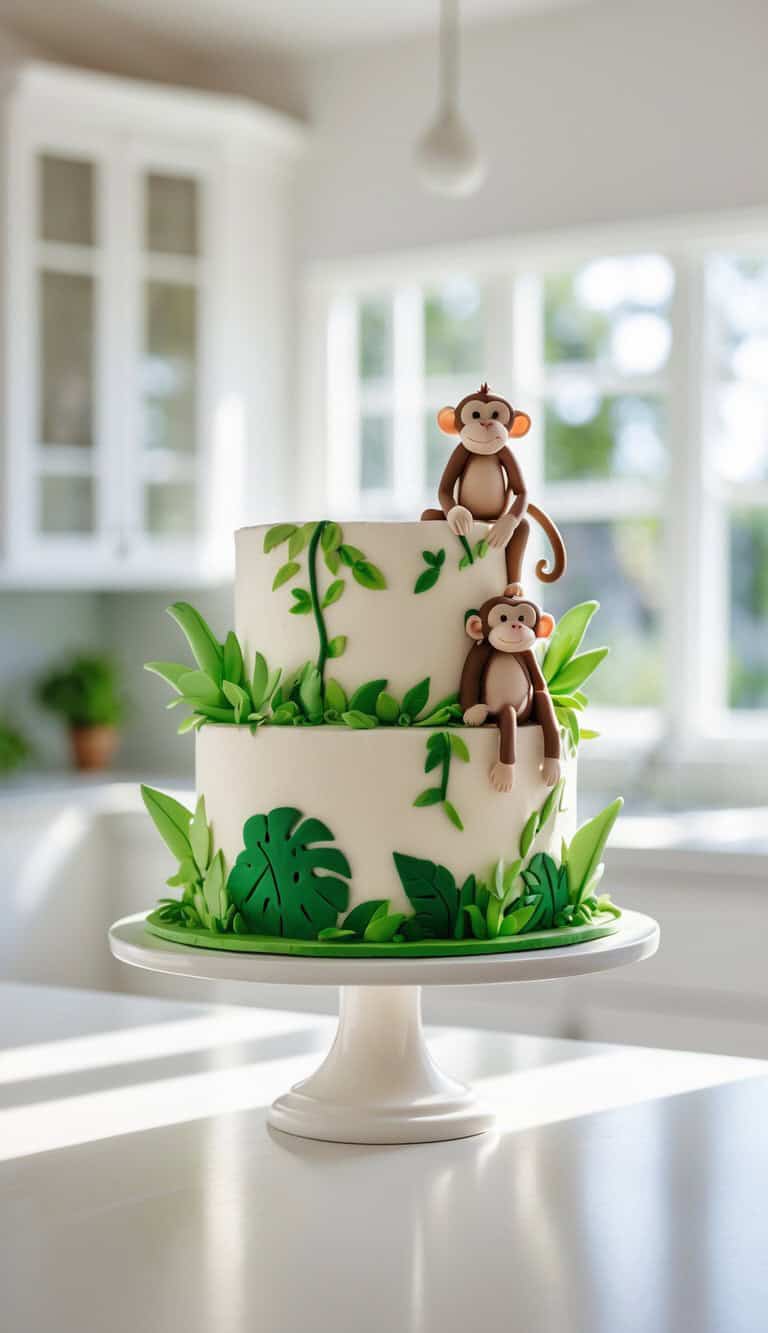 A two-tiered cake with green leaves and fondant monkeys as decorations sits on a white cake stand in a bright kitchen. The cake has a jungle theme with detailed leaf and vine designs.