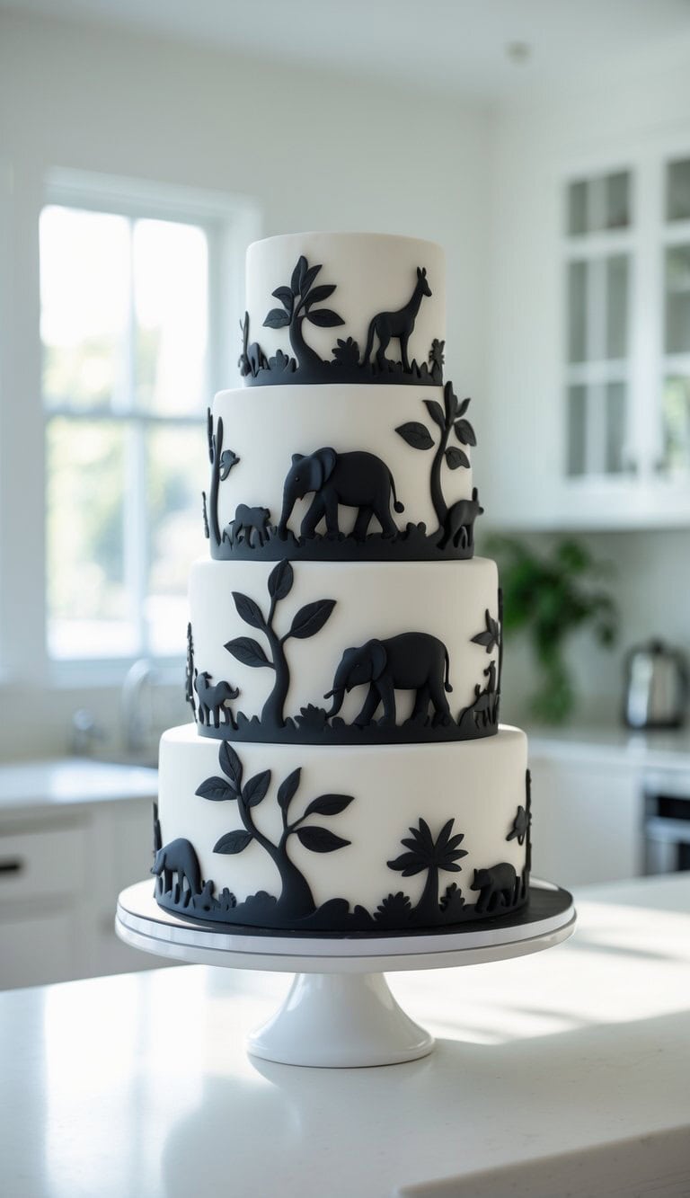 A three-tiered white cake decorated with black fondant silhouettes of African animals and trees, including elephants and giraffes, displayed on a white cake stand in a bright, modern kitchen.