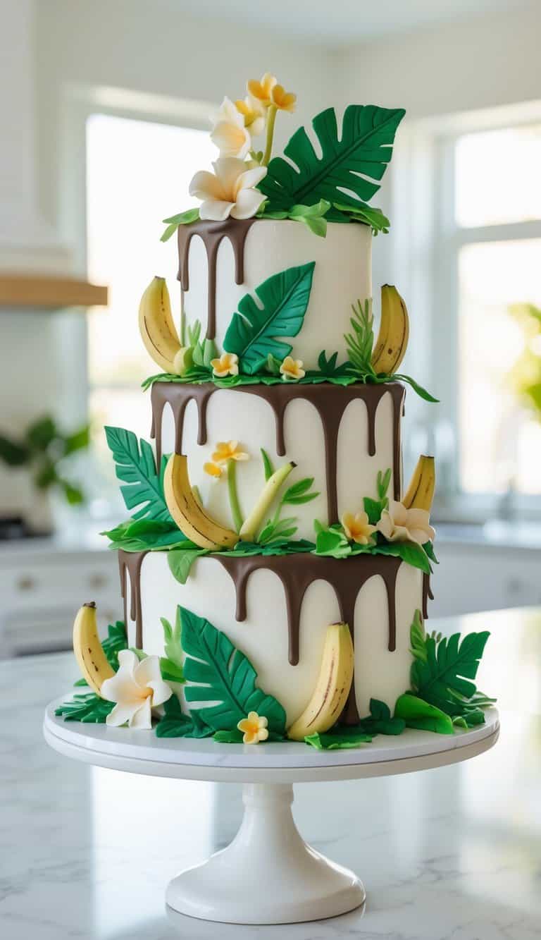 A three-tiered white cake decorated with chocolate drips, fondant bananas, green tropical leaves, and white and yellow flowers, displayed on a white cake stand in a bright kitchen.