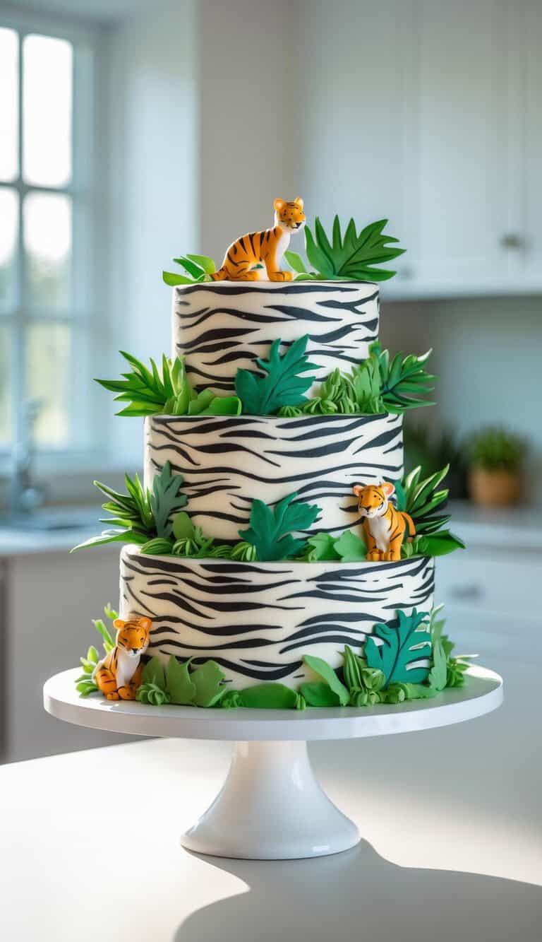 Three-tiered cake with zebra stripes, decorated with green jungle leaves and three small tiger figurines, displayed on a white cake stand in a bright kitchen.