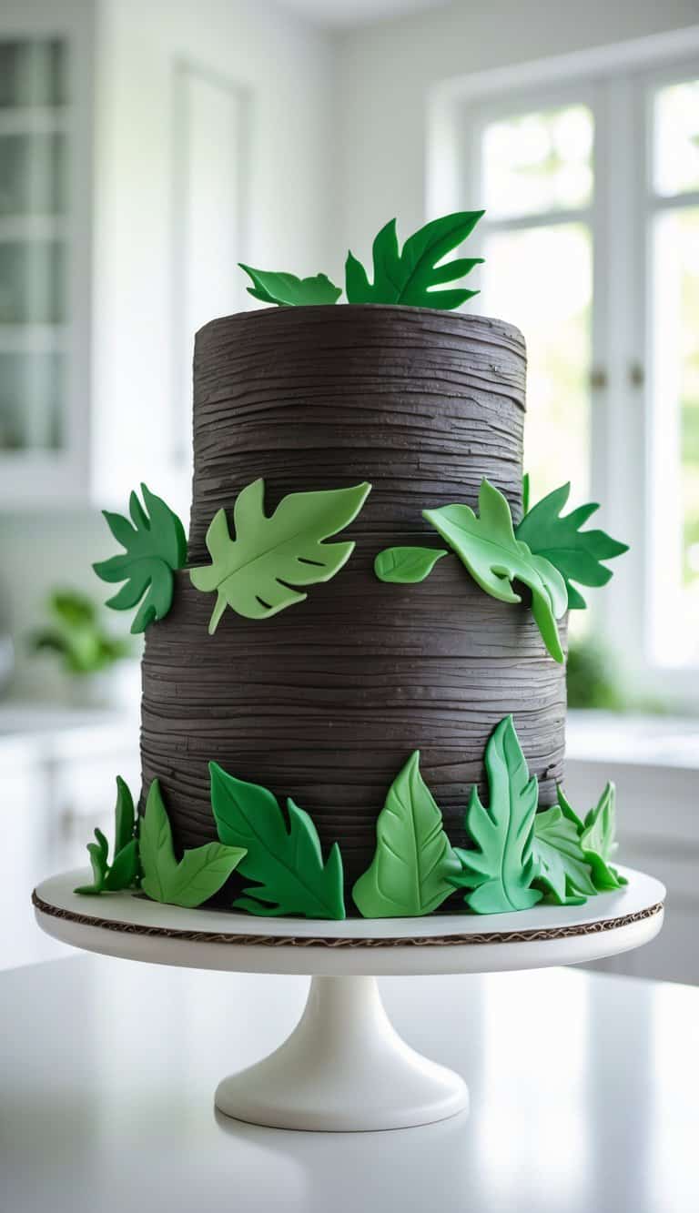 A two-tiered cake decorated with textured dark brown icing to resemble tree bark, adorned with green fondant leaves, sits on a white cake stand in a bright kitchen.