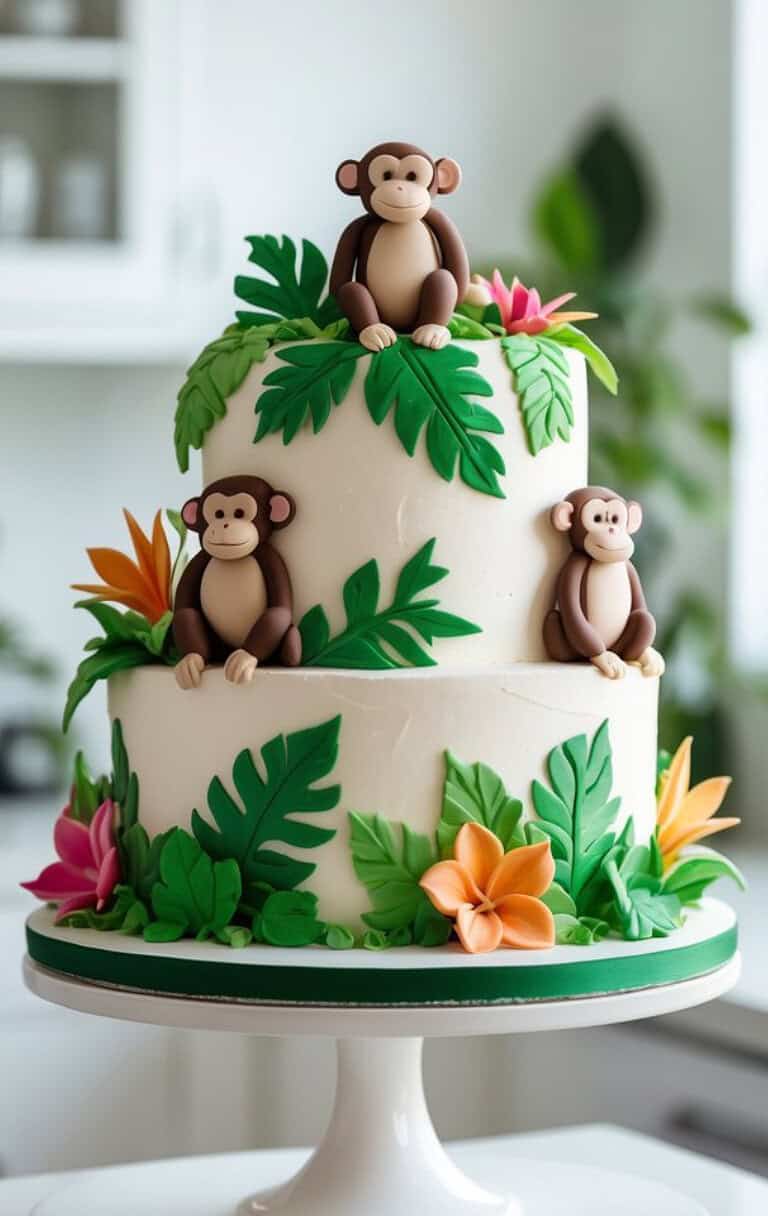 A two-tier cake decorated with fondant leaves, colorful flowers, and three fondant monkeys sitting among the foliage. The cake has a jungle theme and is displayed on a white cake stand.