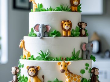 A three-tiered white cake decorated with fondant jungle animals, including giraffes, elephants, lions, and monkeys, surrounded by green leaves, displayed on a white cake stand in a bright kitchen.