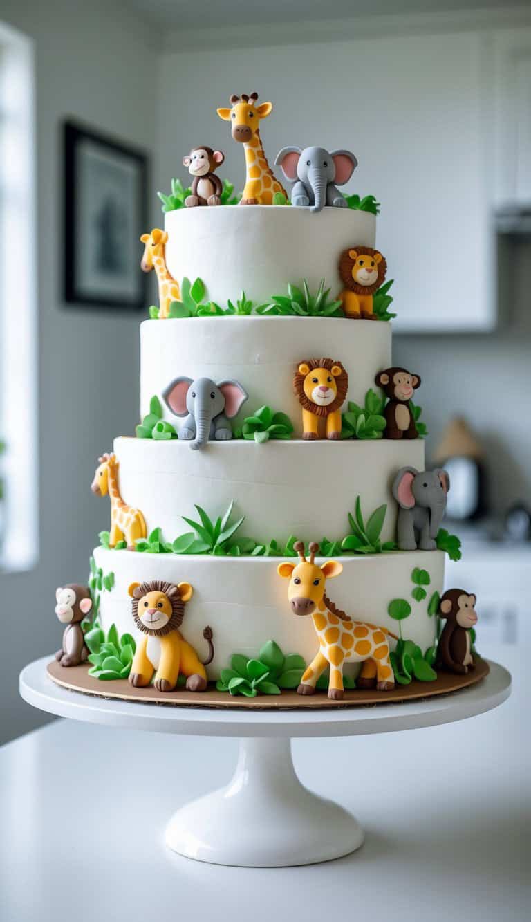 A three-tiered white cake decorated with fondant jungle animals, including giraffes, elephants, lions, and monkeys, surrounded by green leaves, displayed on a white cake stand in a bright kitchen.
