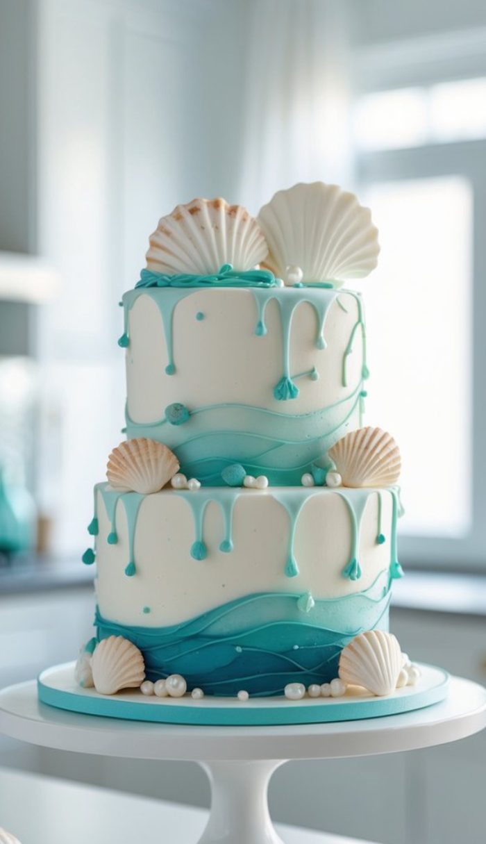 Two-tiered ocean-themed cake decorated with blue waves, edible white seashells, and pearl-like candies, displayed on a white cake stand in a bright kitchen.