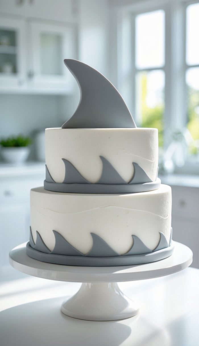A two-tiered white cake decorated with gray wave patterns and topped with a large edible shark fin, displayed on a white cake stand in a bright kitchen.