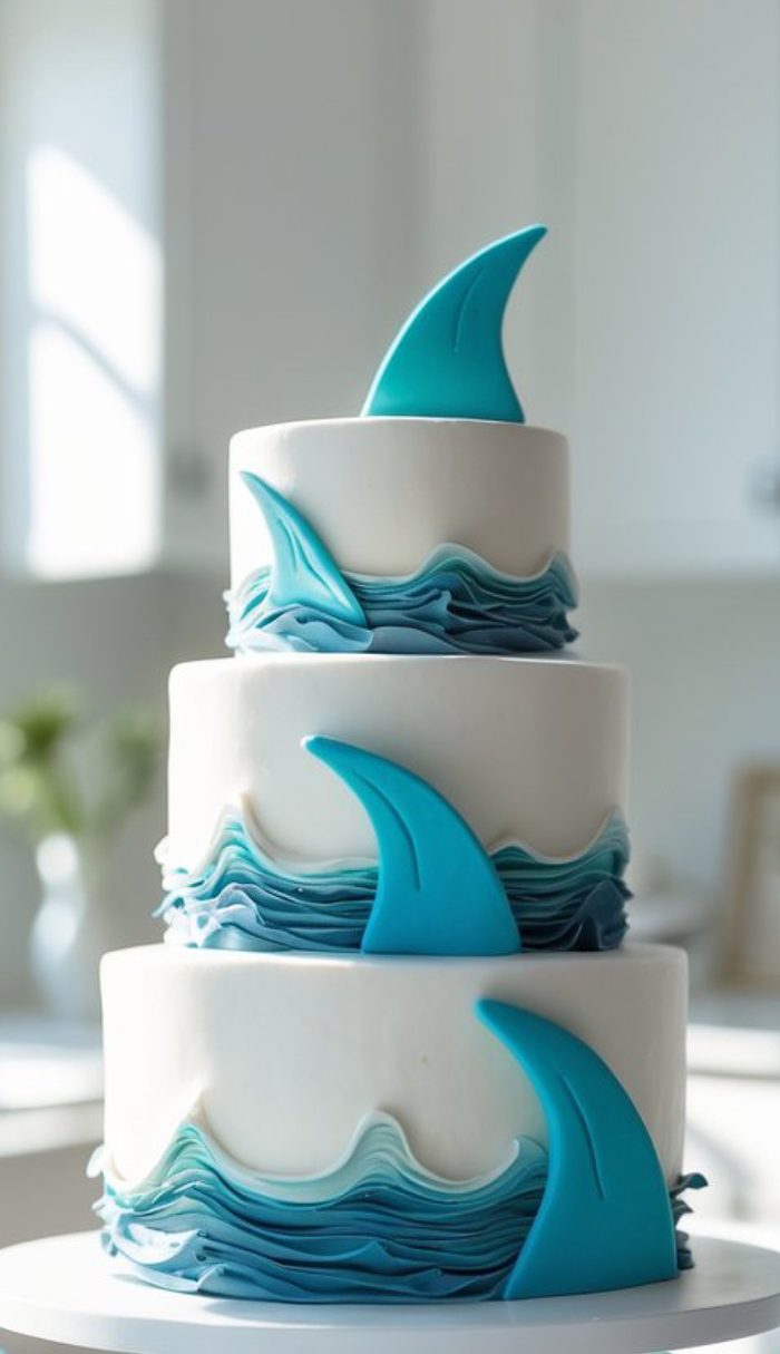 Three-tiered white cake decorated with blue fondant waves and shark fins sticking out from each layer, creating an ocean and shark theme.