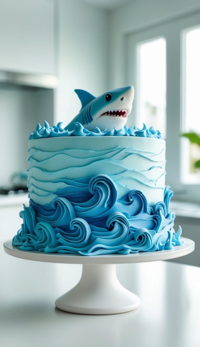 A blue cake decorated with wave-like icing and topped with a fondant shark, displayed on a white cake stand in a bright kitchen.