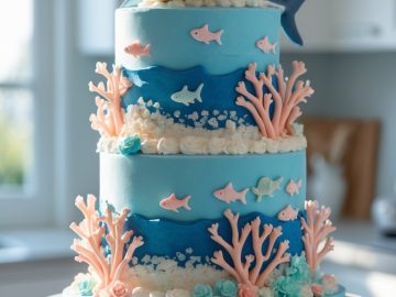 A two-tier ocean-themed cake decorated with coral, small pink fish, and topped with a large shark figure, displayed on a white cake stand in a bright kitchen.
