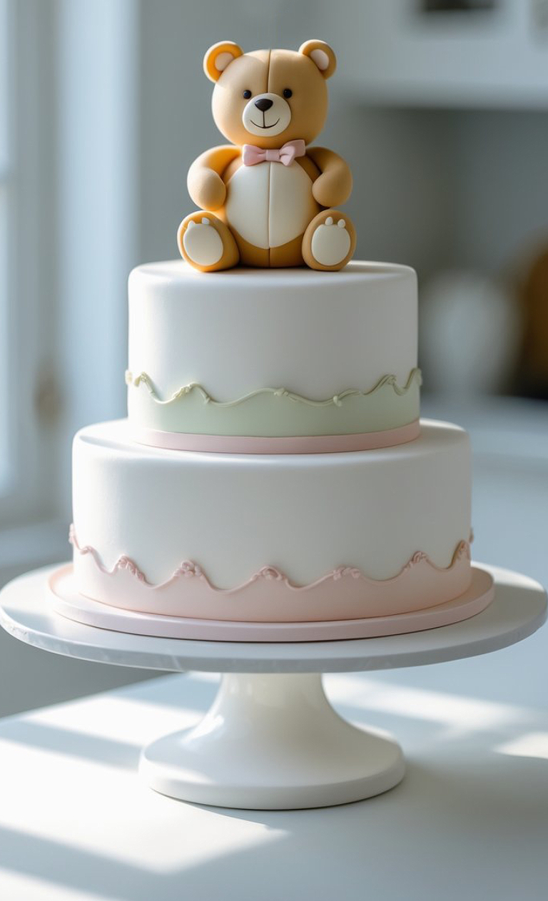 A two-tiered cake decorated with pastel green and pink wavy icing, topped with a fondant teddy bear wearing a pink bow, displayed on a white cake stand in a bright room.