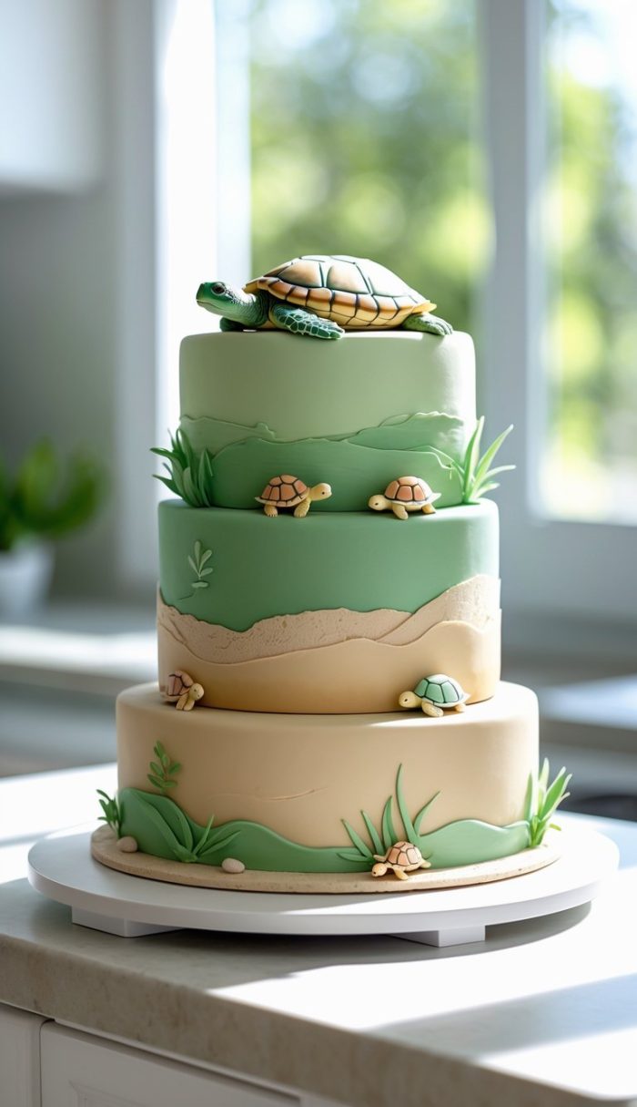 A three-tiered cake decorated with sand and grass motifs, fondant turtles of various sizes on each layer, and a large turtle on top. The cake is displayed in a bright, sunlit kitchen.