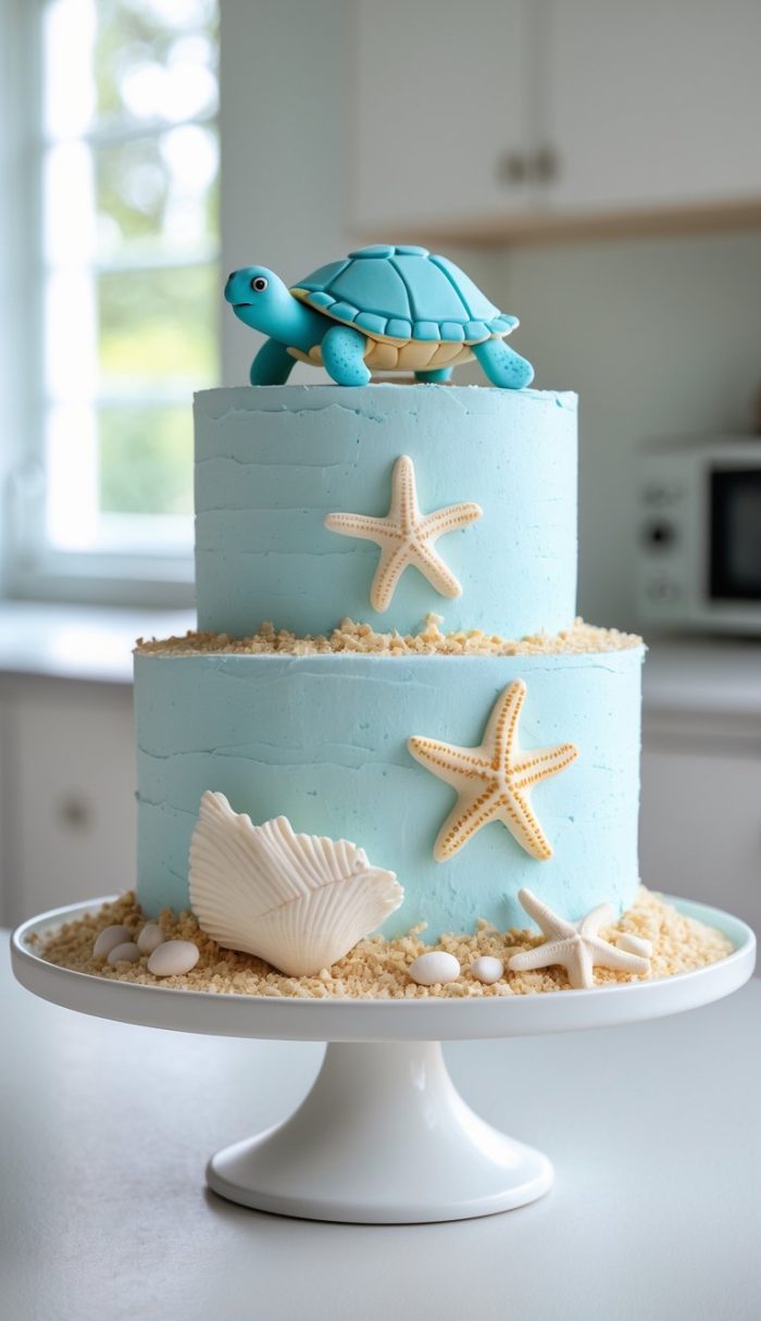 Two-tiered blue cake decorated with fondant sea stars, seashells, and a turtle on top, set on a white cake stand in a bright kitchen. Crumbled cookies mimic sand around the base.