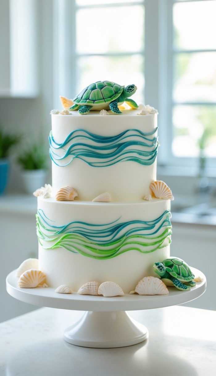 A two-tiered white cake decorated with blue and green wave patterns, seashells, and two fondant sea turtles, displayed on a white cake stand in a bright kitchen setting.
