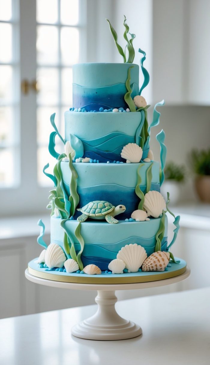 A three-tiered ocean-themed cake decorated with blue waves, green seaweed, white seashells, and a fondant sea turtle, displayed on a white cake stand in a bright kitchen.