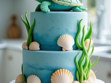 A two-tiered ocean-themed cake decorated with edible seashells, seaweed, and topped with a fondant sea turtle, set on a white cake stand in a bright kitchen.