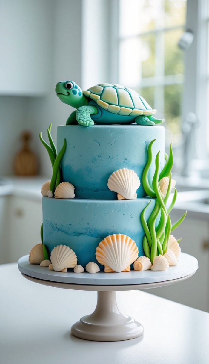 A two-tiered ocean-themed cake decorated with edible seashells, seaweed, and topped with a fondant sea turtle, set on a white cake stand in a bright kitchen.