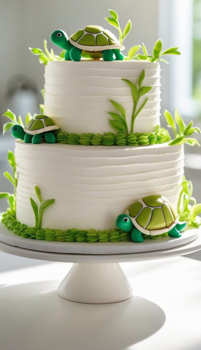 A two-tier white cake decorated with green leaves and three turtle figurines, one on top, one on the middle tier, and one at the base, displayed on a white cake stand in natural light.