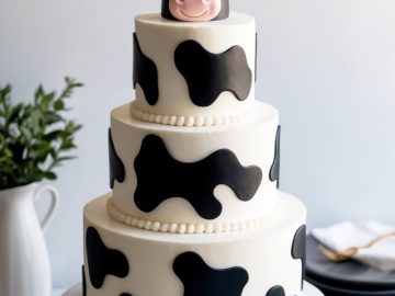 A three-tiered cake with white fondant and black cow spots, topped with a fondant cow head. The cake sits on a white stand, with greenery and plates in the background.