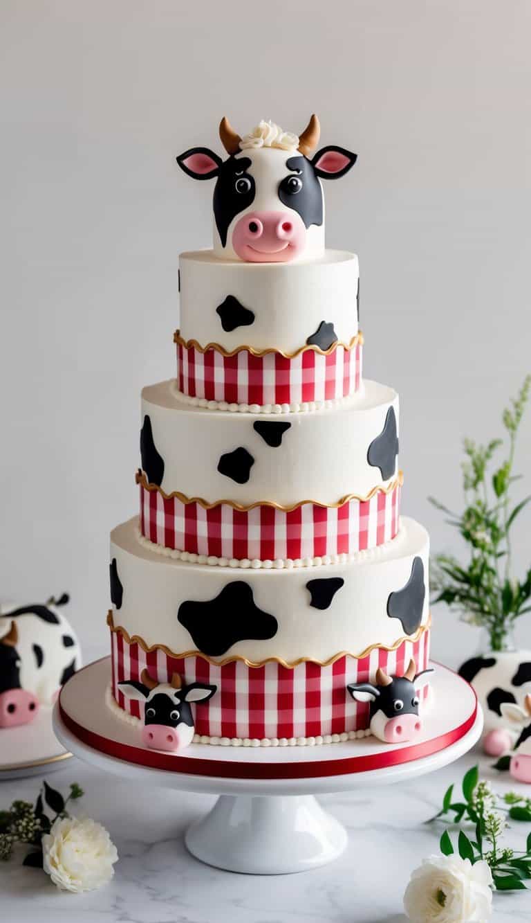 A cow-shaped cake with red and white gingham accents surrounded by playful cow-themed decorations