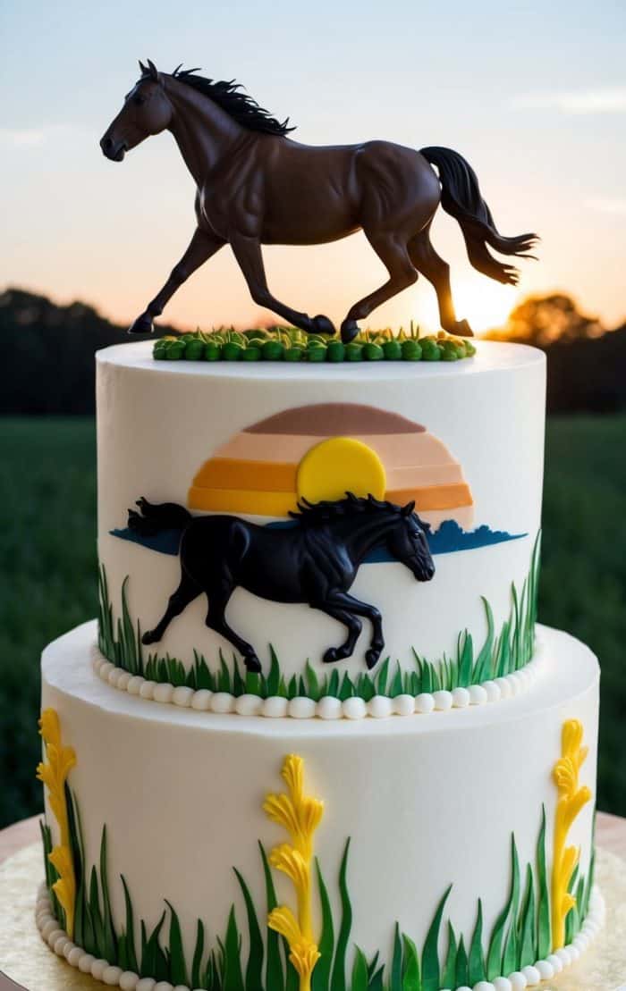 Two-tier horse-themed cake with fondant grass and yellow flowers. The top tier features a sunset and a black horse silhouette, topped with a horse figurine. The cake is outdoors at sunset.