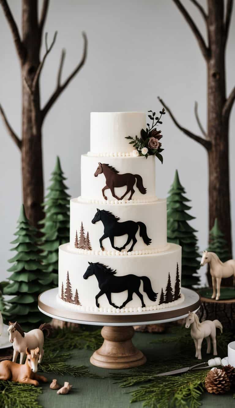 A majestic horse-themed cake stands on a woodland table, surrounded by trees and other woodland creatures. The cake features galloping horse silhouettes and intricate decorations
