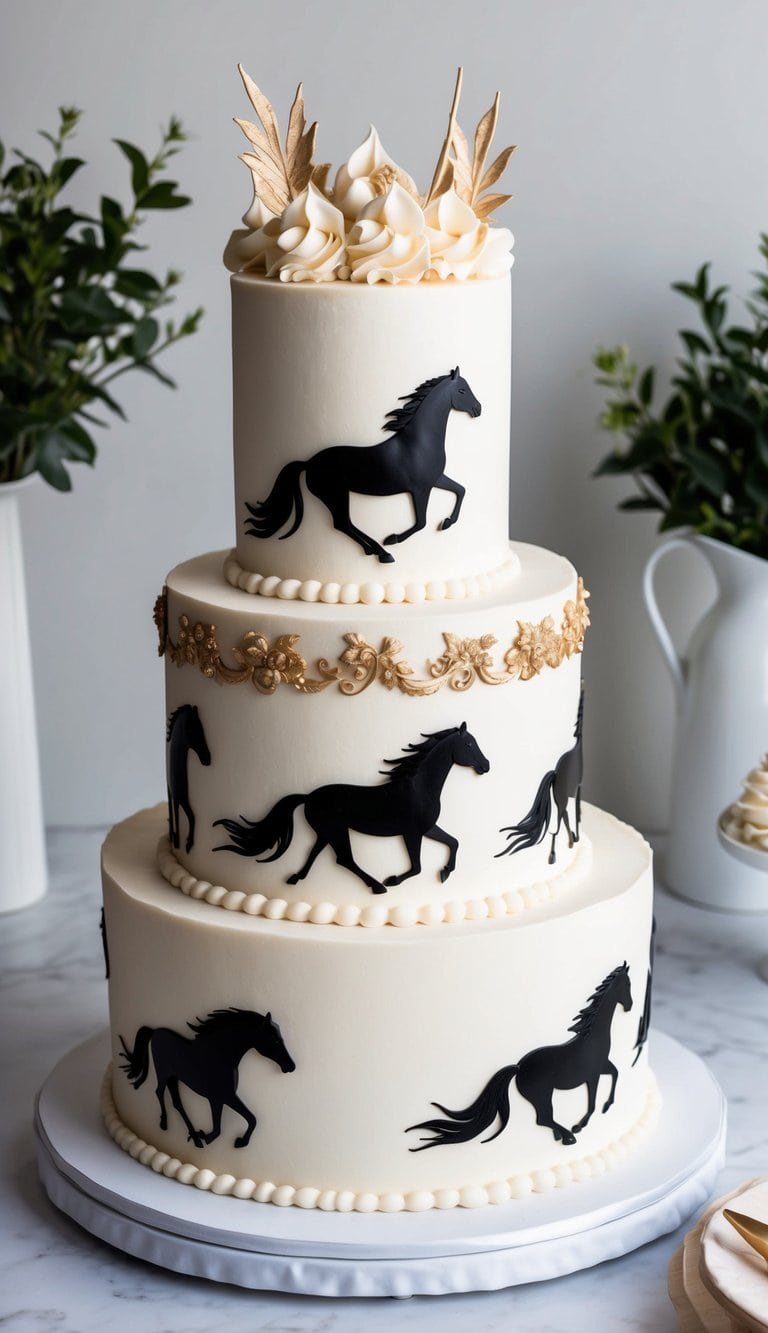 A beautiful horse-themed cake with galloping silhouettes and stunning decorations