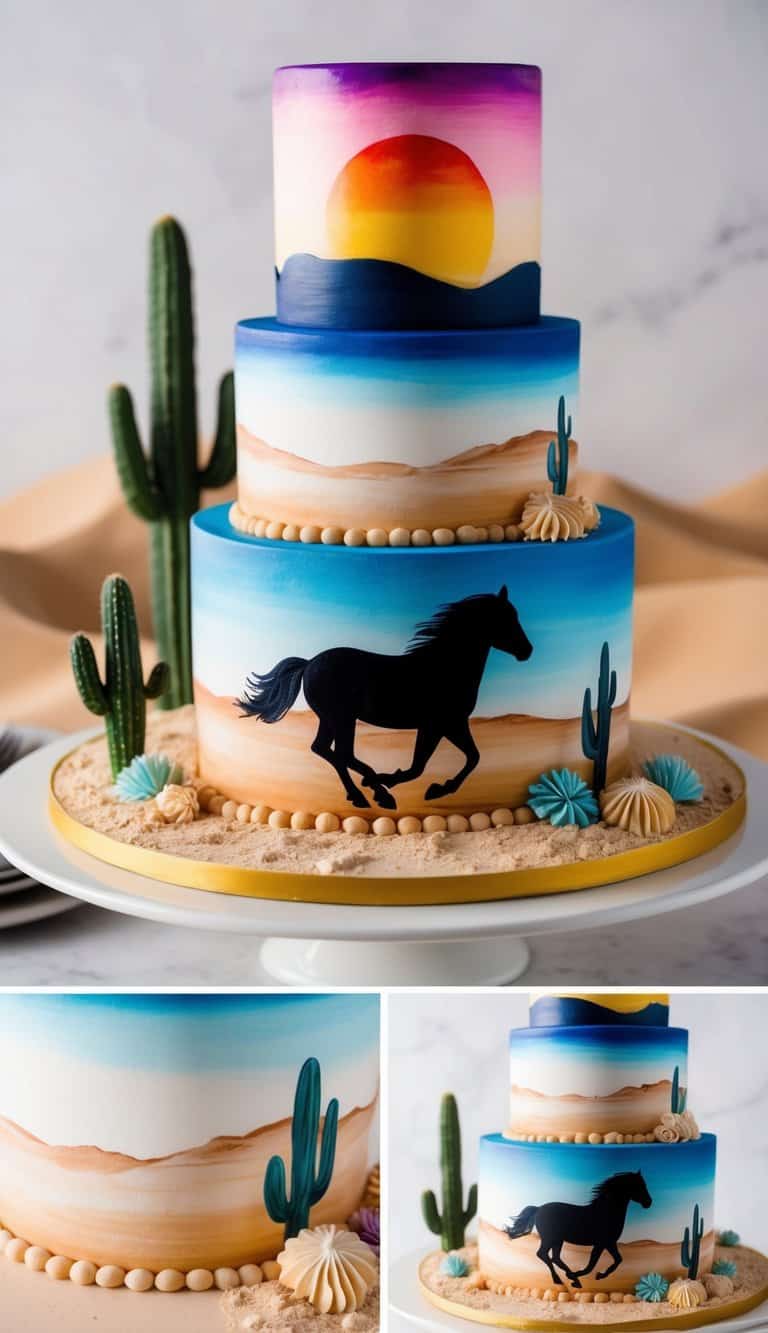 A majestic desert landscape with a galloping silhouette of a painted pony cake as the focal point. Sand dunes, cacti, and a vibrant sunset complete the scene