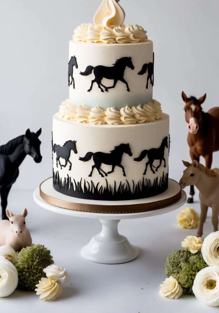A two-tiered cake decorated with black horse silhouettes and grass designs, topped with white frosting swirls. A hand is placing a horse-shaped cookie on top. Toy horses and flowers surround the cake on the table.