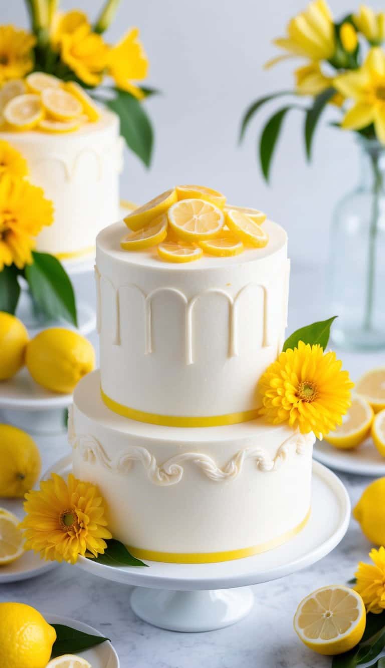 A lemon-themed cake decorated with candied lemon peel topping, surrounded by fresh lemons and vibrant yellow flowers